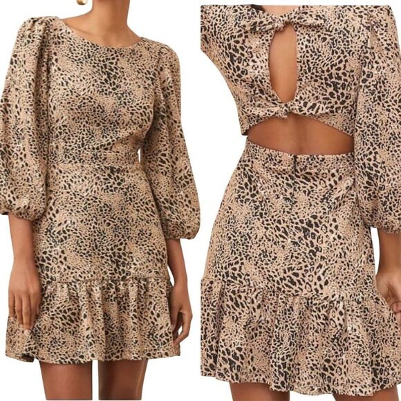 Anthropologie Leopard Cutout Back Mini Dress Sz 6 Puff Sleeves Ruffle Hem Knit - Picture 1 of 12
